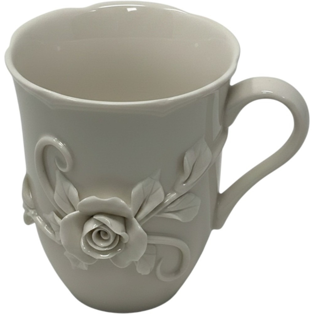 Grace's Teaware White Porcelain Rose 3D Floral Embossed Coffee Mug Scalloped Rim